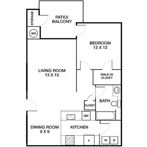 2D Floor Plan of a one bedroom, one bathroom apartment with a galley style kitchen, living and dining area, walk in closet, and a private patio, plus in-unit washer and dryer