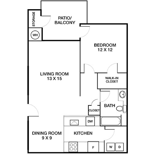 2D Floor Plan of a one bedroom, one bathroom apartment with a galley style kitchen, living and dining area, walk in closet, and a private patio, plus in-unit washer and dryer