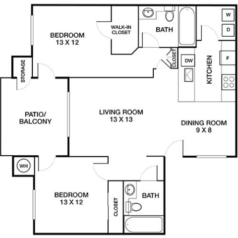 2D Floor Plan of a two bedroom, two bathroom apartment with a galley style kitchen, adjacent in-unit washer and dryer, living and dining area, walk in closet, and a private patio