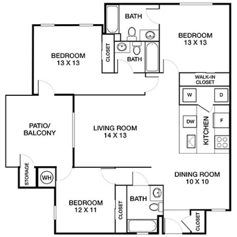 2D Floor Plan of a three bedroom, three bathroom apartment with a galley style kitchen, adjacent in-unit washer and dryer, living and dining area, walk in closet, and a private patio