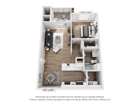 3D floor plan of the A1A, a one bedroom one bathroom apartment with galley-style kitchen, walk-in closet, in-unit washer and dryer, dining space, and living room with private patio access.