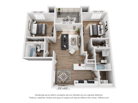 3D floor plan of the B2A, a two bedroom, two bathroom apartment with galley-style kitchen, walk-in closet, in-unit washer and dryer, dining space, and living room with private patio access.