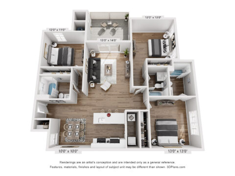 3D floor plan of the C3A, a three bedroom, two bathroom apartment with galley-style kitchen, three closets, in-unit washer and dryer, dining space, and living room with private patio access.